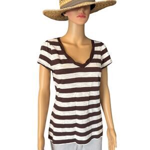 INC Brown & White Stripe Cotton Cap Sleeve Tee, Women's Size M